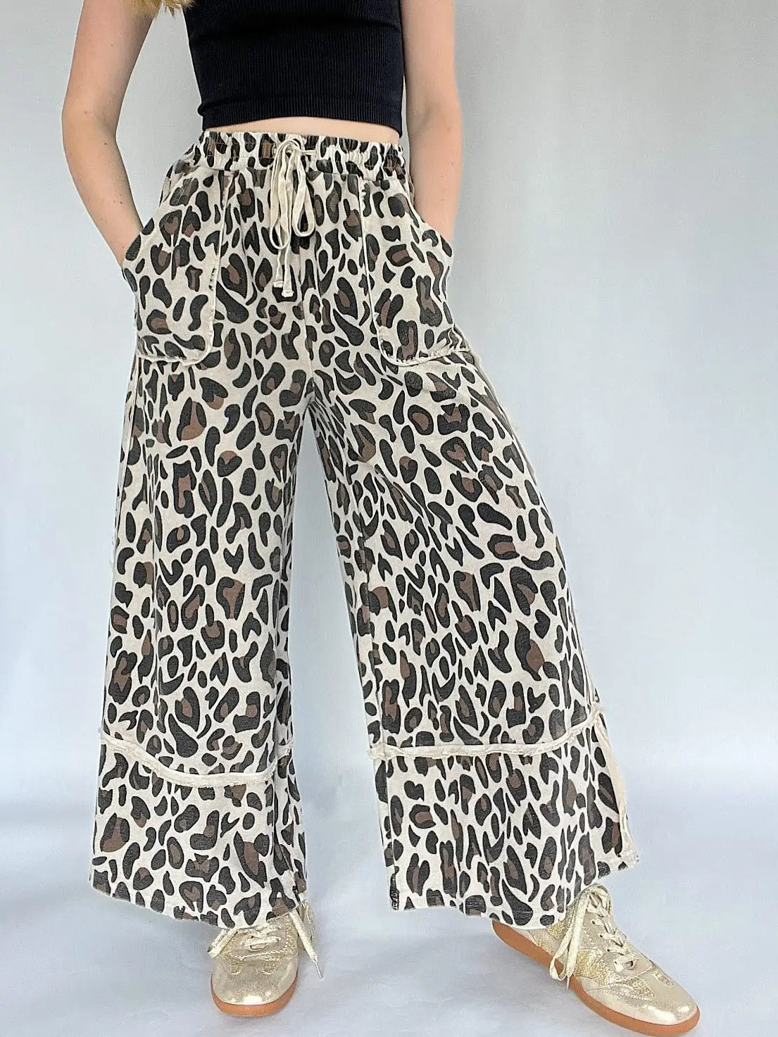 Laced Cheetah Leopard Print Wide-Leg Pants