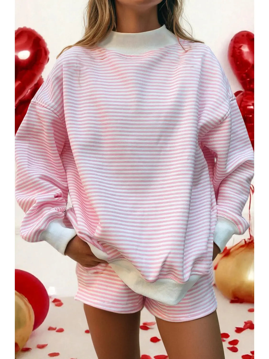 Oversize Stripe Mock Neck Sweatshirt and Shorts Set Light Pink